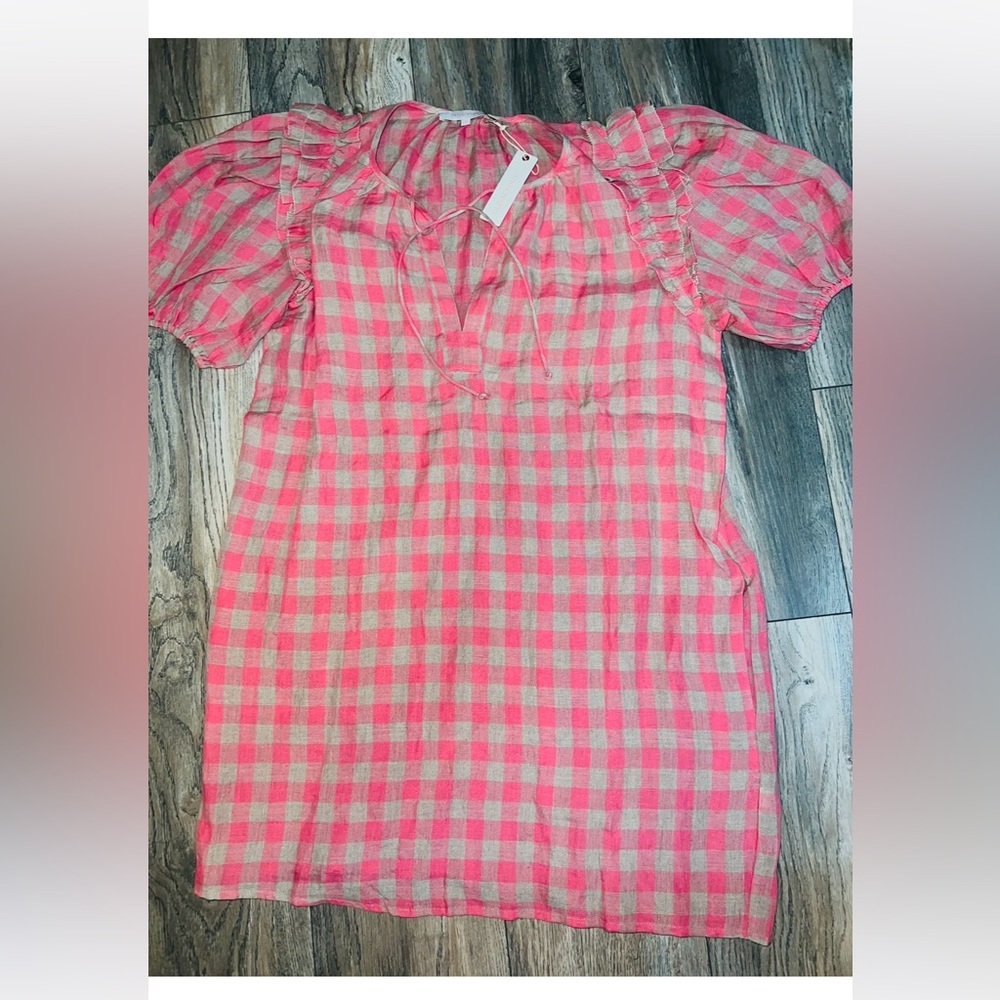 EUC OLIVACEOUS pink check linen dress